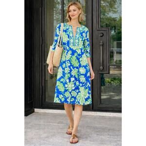 Gretchen Scott Blue Green Floral Jersey Split Neck Dress Resort Effortless Sz S